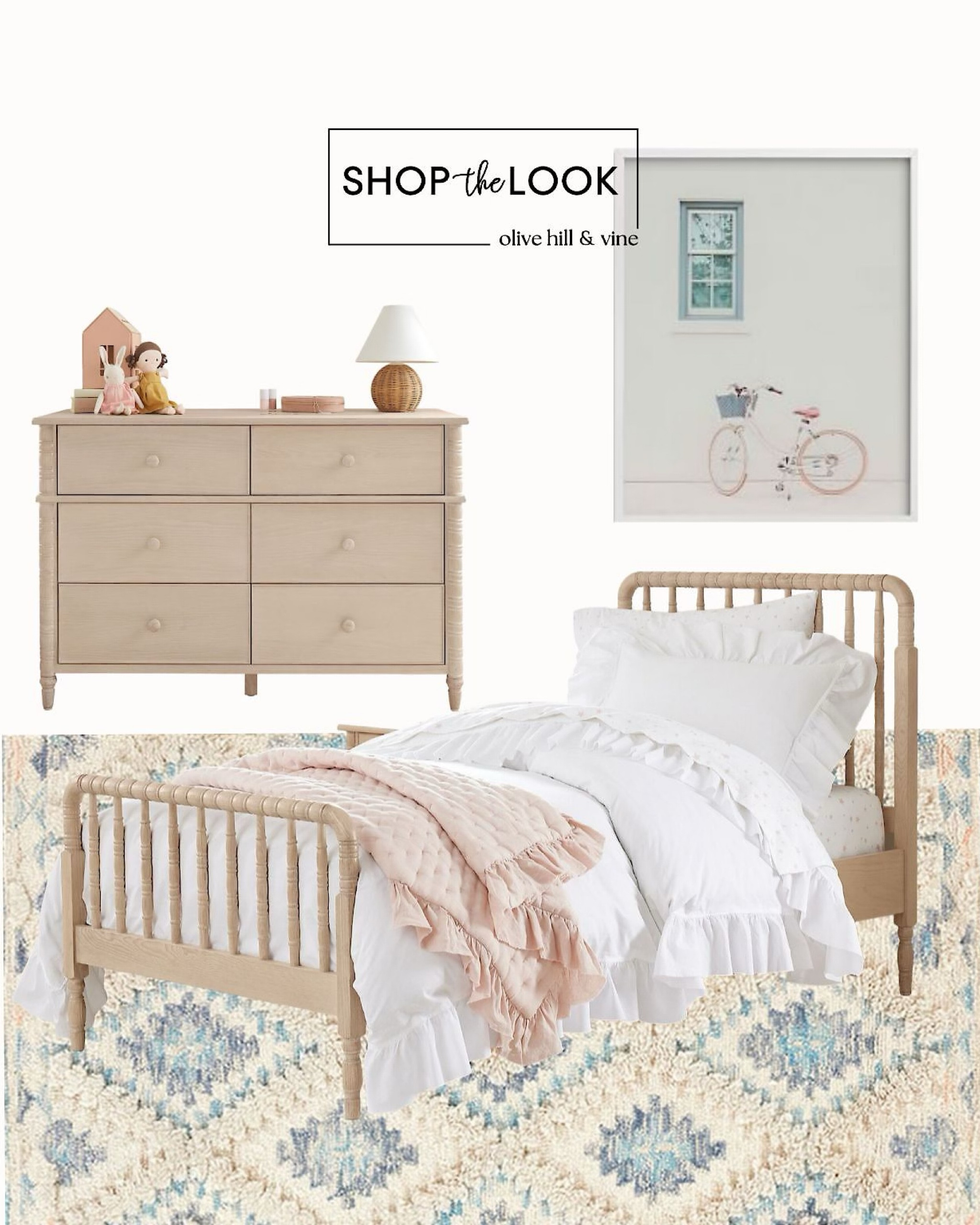 Fresh and charming, this girl's bedroom pairs ivory and blonde wood with pastel peach accents. Cottage-leg bed, spindle details, a ruffled organic duvet, bike wall art, and a diamond-pattern wool rug create a serene space with vintage-modern flair. 

#LTKHome #LTKKids #LTKFamily