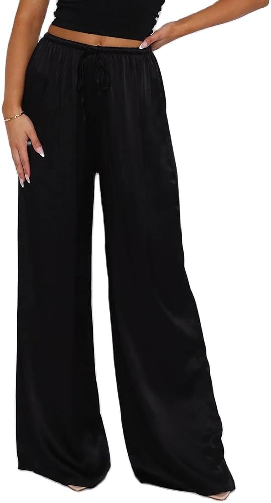 Women Y2K Satin Wide Leg Pants Casual Elastic High Waist Solid Loose Fit Lounge Pants Office Ladi... | Amazon (US)