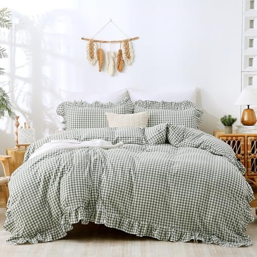 ATsense Green Gingham Duvet Cover Bedding Set 100% Washed Cotton Like Linen Feel Soft Breathable ... | Amazon (US)