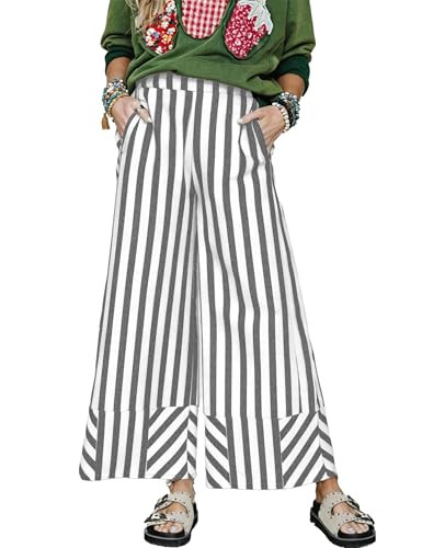 Women Striped Pants Wide Leg Elastic Waist Pants Casual Summer Beach Trousers with Pockets | Amazon (US)