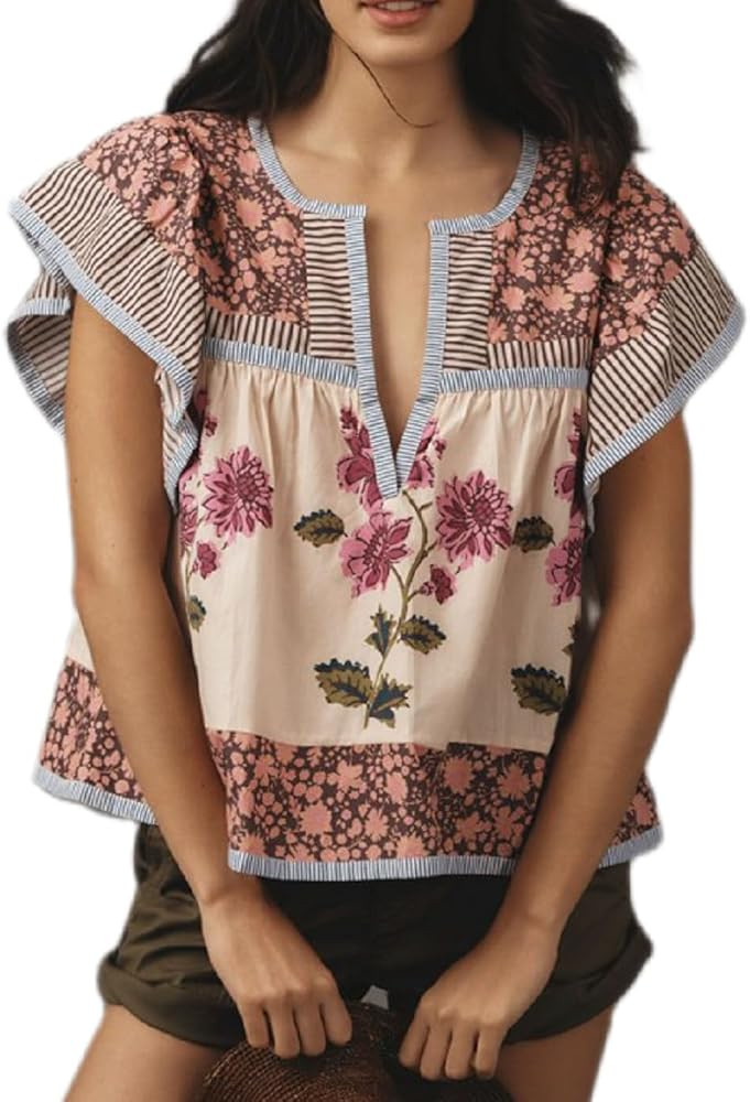 Women Boho Floral Peplum Shirt Flutter Sleeve Ruffle Babyboll Tops V Neck Patchwork Going Out Blo... | Amazon (US)