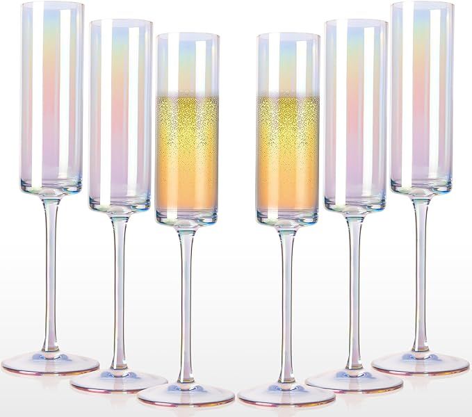 Champagne flutes - 6.5oz Rainbow champagne flutes Iridescent Champagne Glasses set of 6, Lead-fre... | Amazon (US)