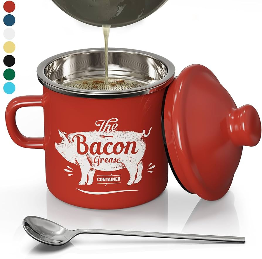 PGYARD Mini Bacon Grease Container With Strainer - 15OZ Enamel Grease Saver, Farmhouse Bacon Grea... | Amazon (US)