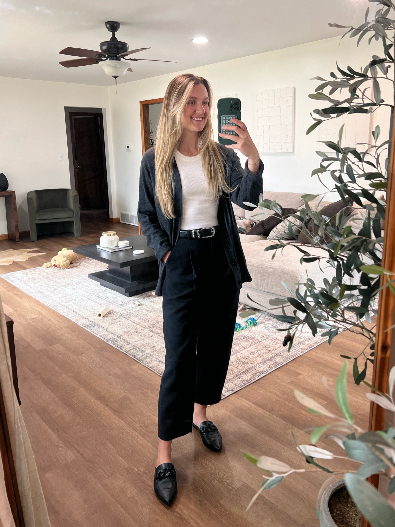 Linked similar grey cardigan, ribbed white tank top: xs, Abercrombie tapered tailored pant: 25, black target slides: tts

Work outfit, business casual 

#LTKshoecrush #LTKfindsunder100 #LTKworkwear