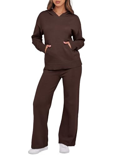 ANRABESS Women's 2 Piece Outfits Sweater Set Long Sleeve Hoodie Pullover Wide Leg Pants Knit Lounge Matching Sets Large | Amazon (US)