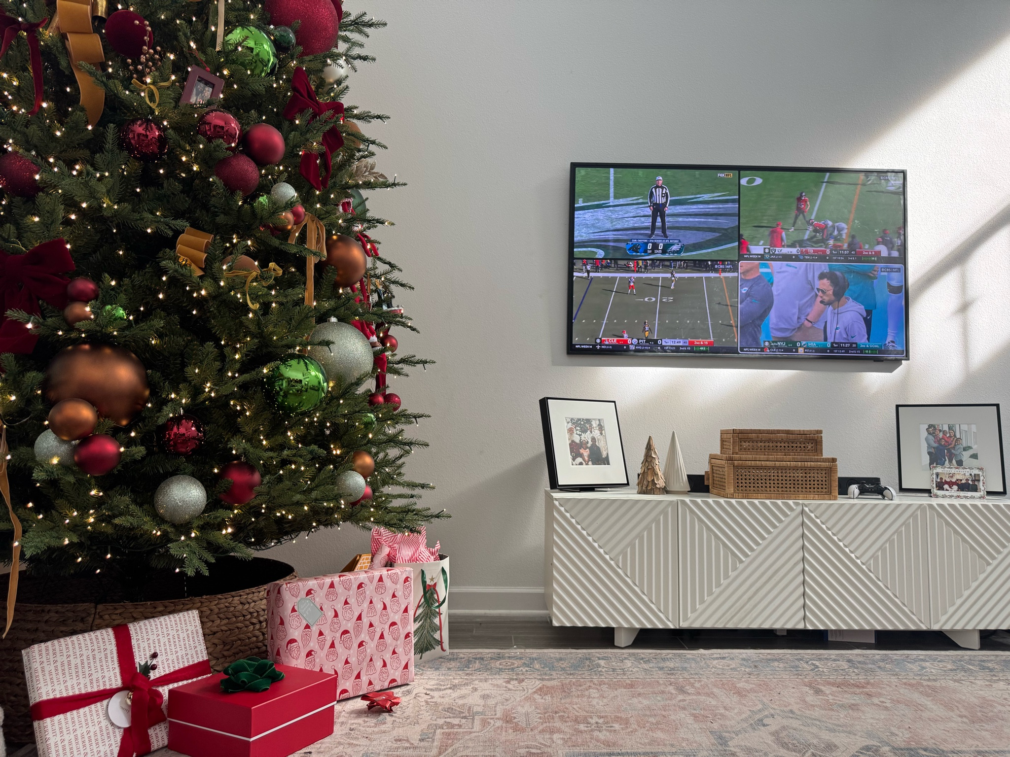 We have the frame tv, and hated the look of the sound bar (as shown in the picture) so we got the Music Frame speakers. Looks like a regular picture frame, but they are actually speakers!! We purchased two for a full surround sound, and now we can donate our old sound bar! 

#LTKfamily #LTKhome #LTKSeasonal