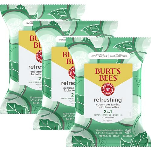 Burt's Bees Back To School Dorm Essentials, Cucumber & Mint Face Wipes, for All Skin Types, Refreshing Makeup Remover & Facial Cleansing Towelettes, 30 Ct. (3-Pack) | Amazon (US)