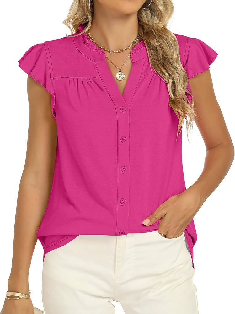 ANRABESS Womens Dressy Casual Button Down Shirts Ruffle Cap Sleeve V Neck Elegant Business Work T... | Amazon (US)