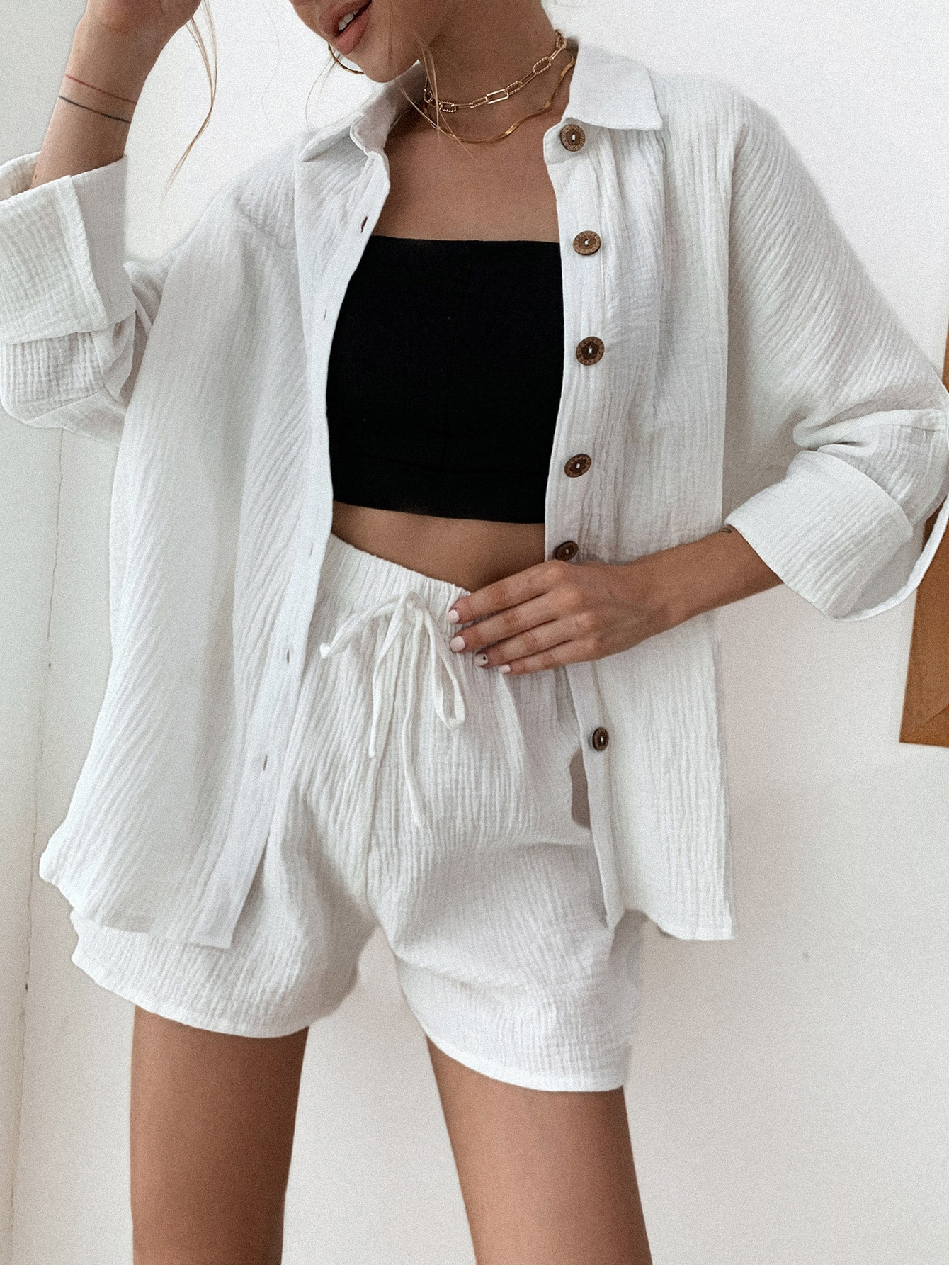 Roll Up Sleeve Blouse With Shorts | SHEIN