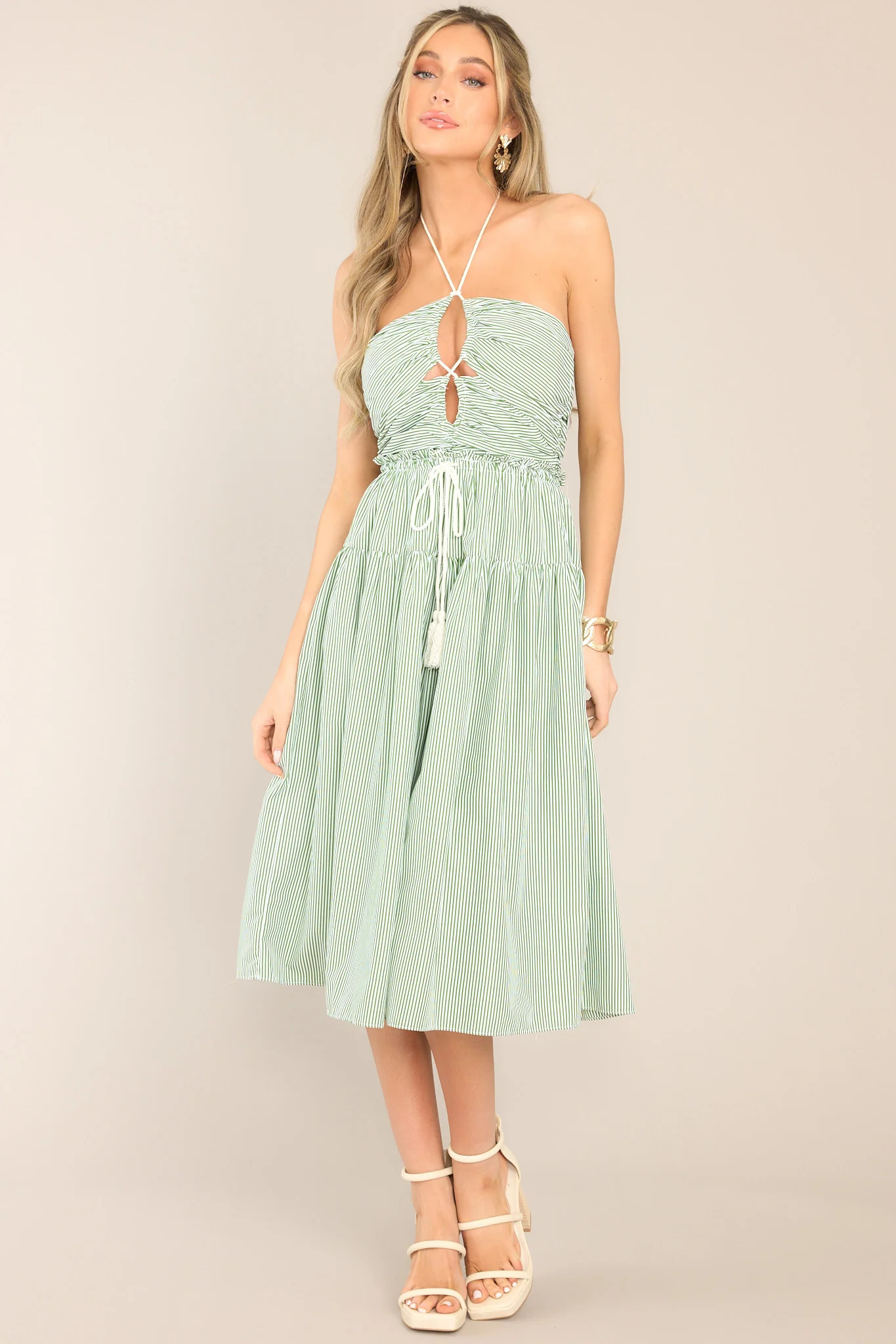 In The Details Green Striped Halter Midi Dress | Red Dress