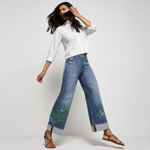 Women's Petite Soft Denim High Rise Wide Leg Embroidery Jeans - Lands' End - Blue - 4 28 | Lands' End (US)