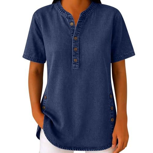 Womens Denim Tunic Shirts Button Up V Neck Short Sleeve Blouses Side Split Button Casual Pullover Tunics Loose Tops | Amazon (US)
