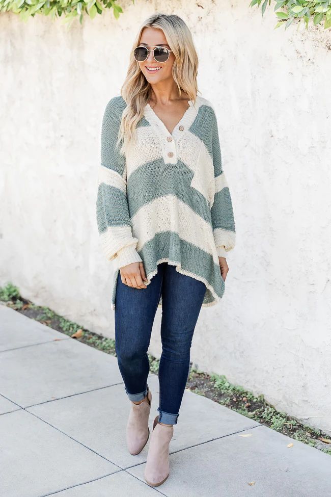 Know You Best Sage Oversized Striped Henley Sweater | Pink Lily