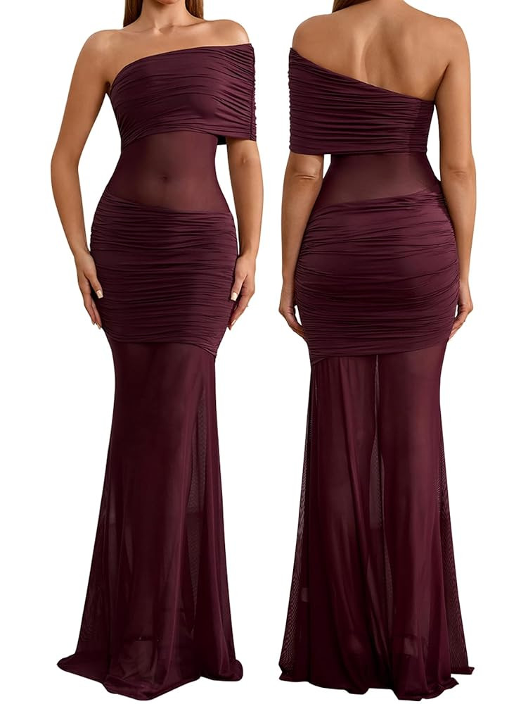 Off Shoulder Bodycon Formal Wedding Guest Maxi Dress Mesh Patchwork Cocktail Dresses for Women 20... | Amazon (US)