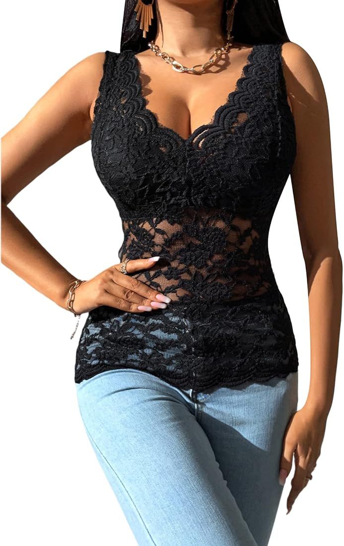 Romwe Women's Sleeveless Mesh Floral Lace Scallop V Neck Backless Tank Top Blouse | Amazon (US)