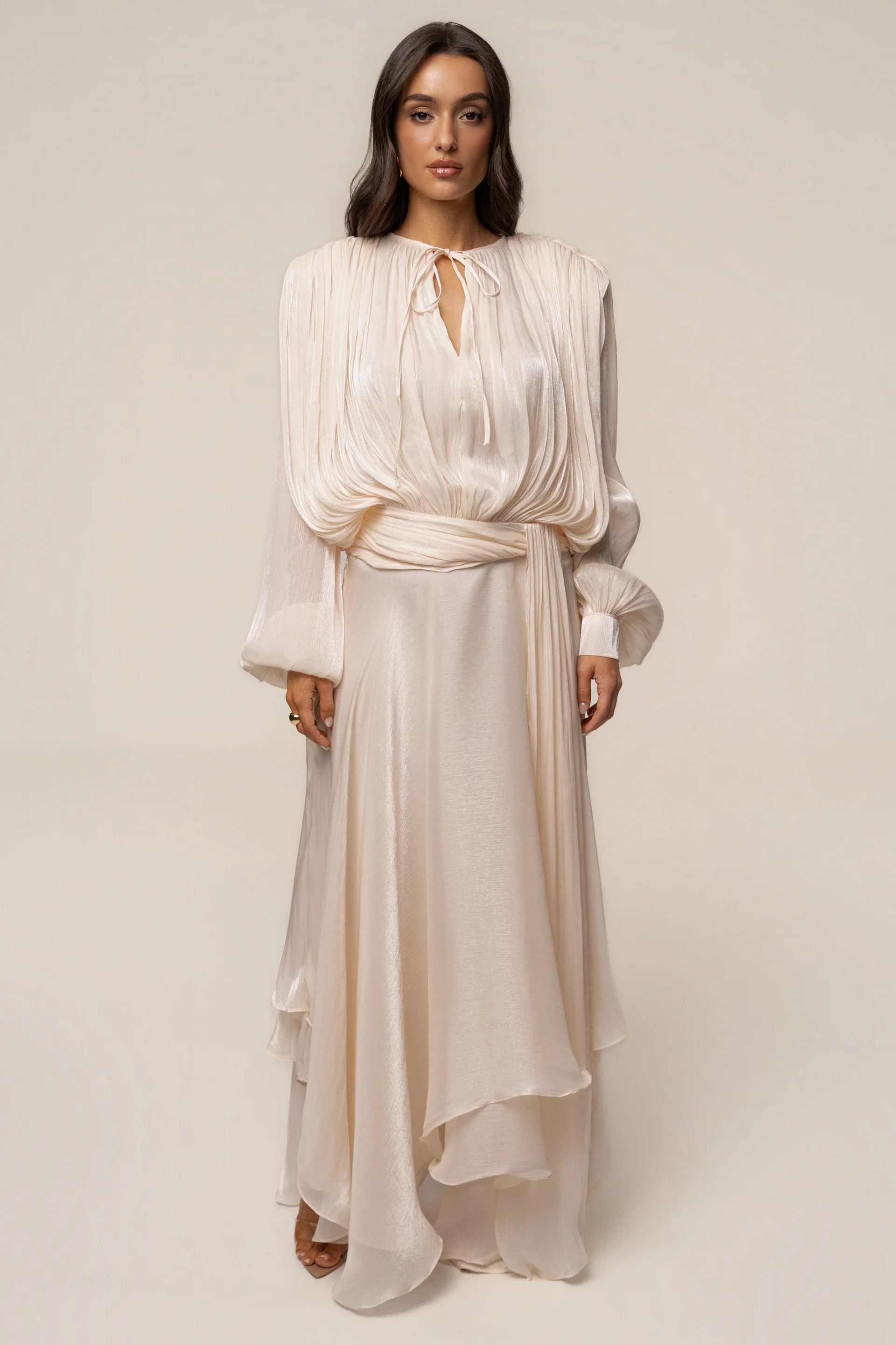 Cream Draped In Elegance Maxi Dress | JLUXLABEL US