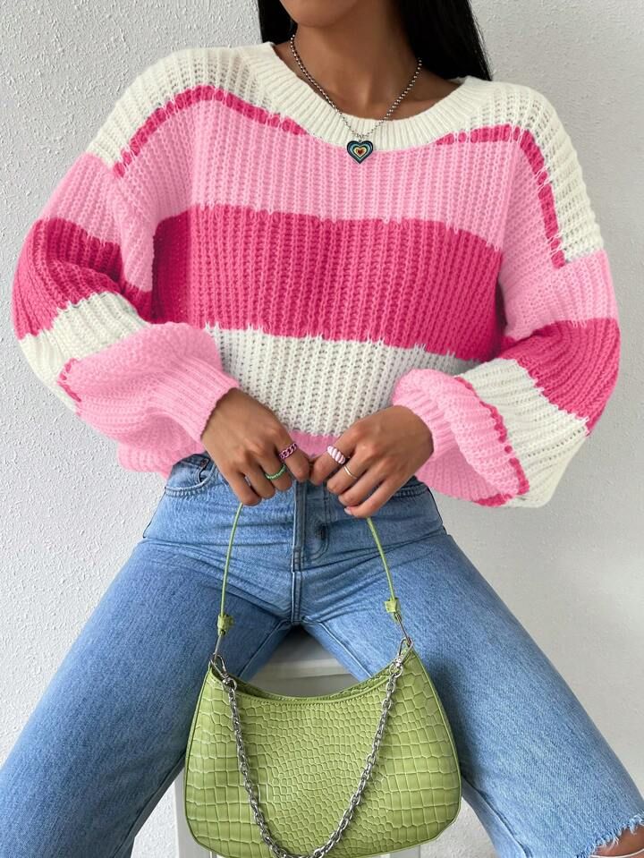 SHEIN Essnce Color Block Drop Shoulder Sweater | SHEIN