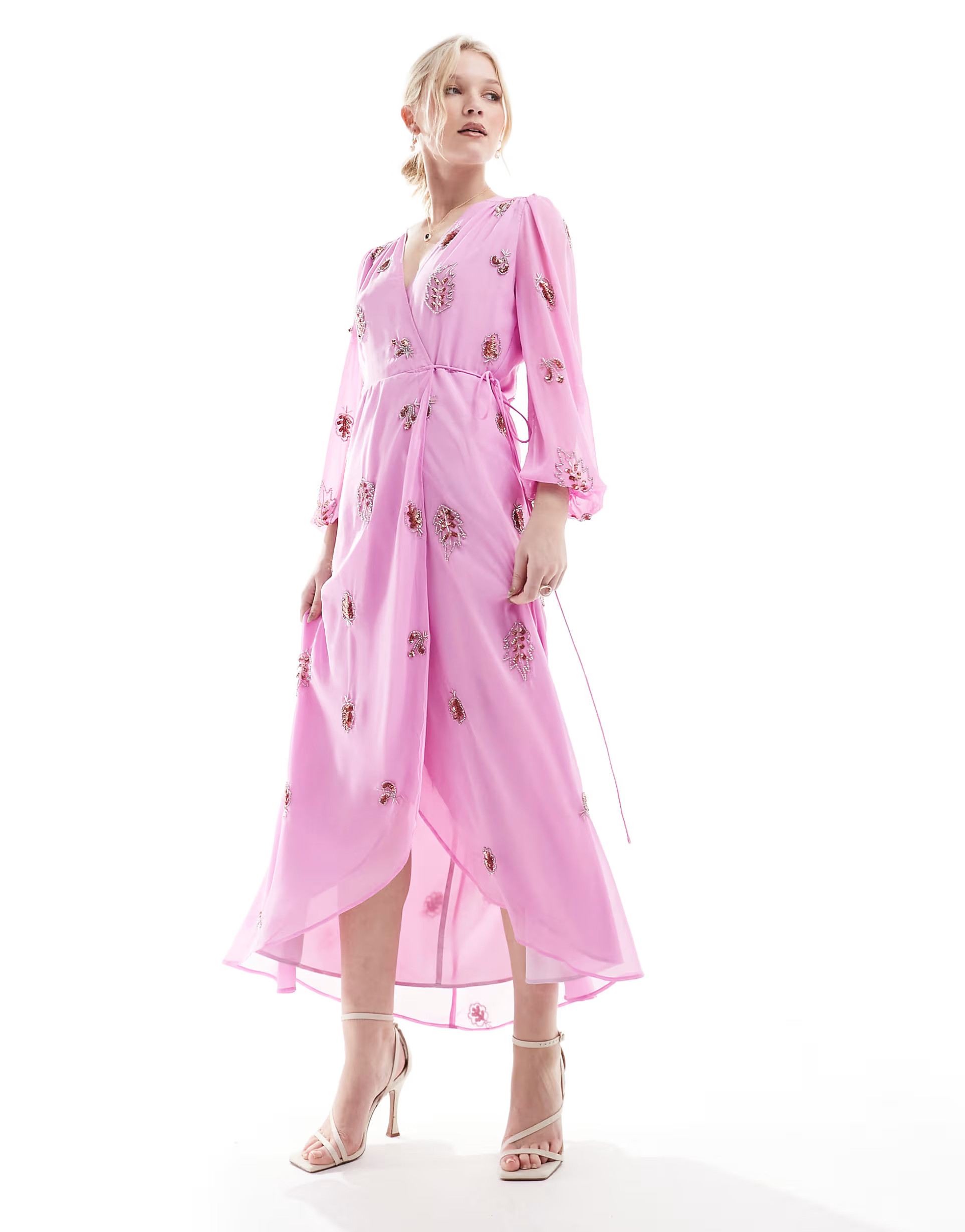 Hope & Ivy embellished wrap dress with tie waist and blouson sleeve in pink | ASOS (Global)