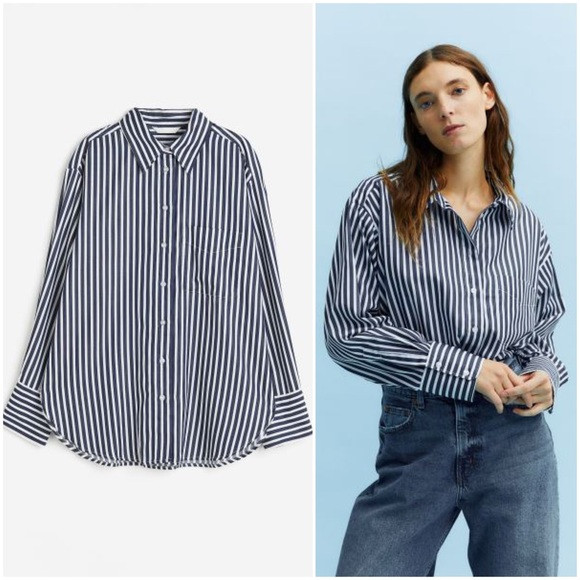 Dark Blue Striped Satin Shirt | Poshmark