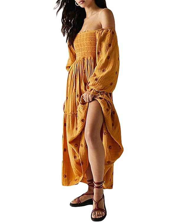 Argeousgor Women 2024 Bohemian Floral Dress Square Neck Ruffle Swing A Line Maxi Dress Long Sleev... | Amazon (US)