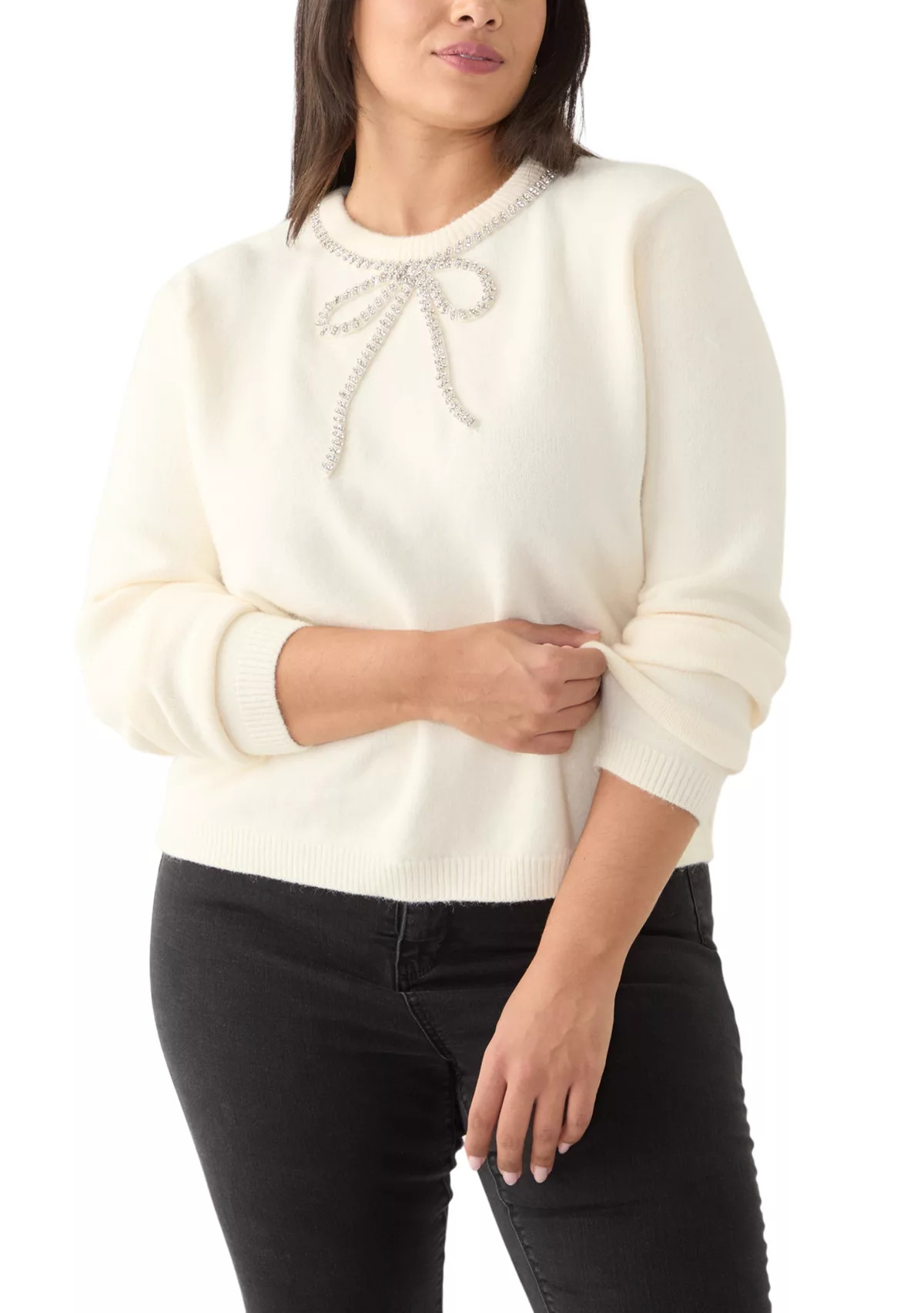 Plus Size Rhinestone Bow Knit Pullover | Belk