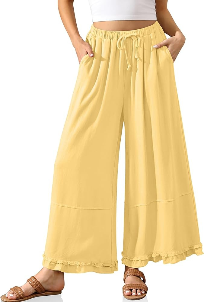 TARSE Womens Linen Palazzo Pants Ruffle Wide Leg Cropped Flowy Drawstring Casual Loose Summer Bea... | Amazon (US)