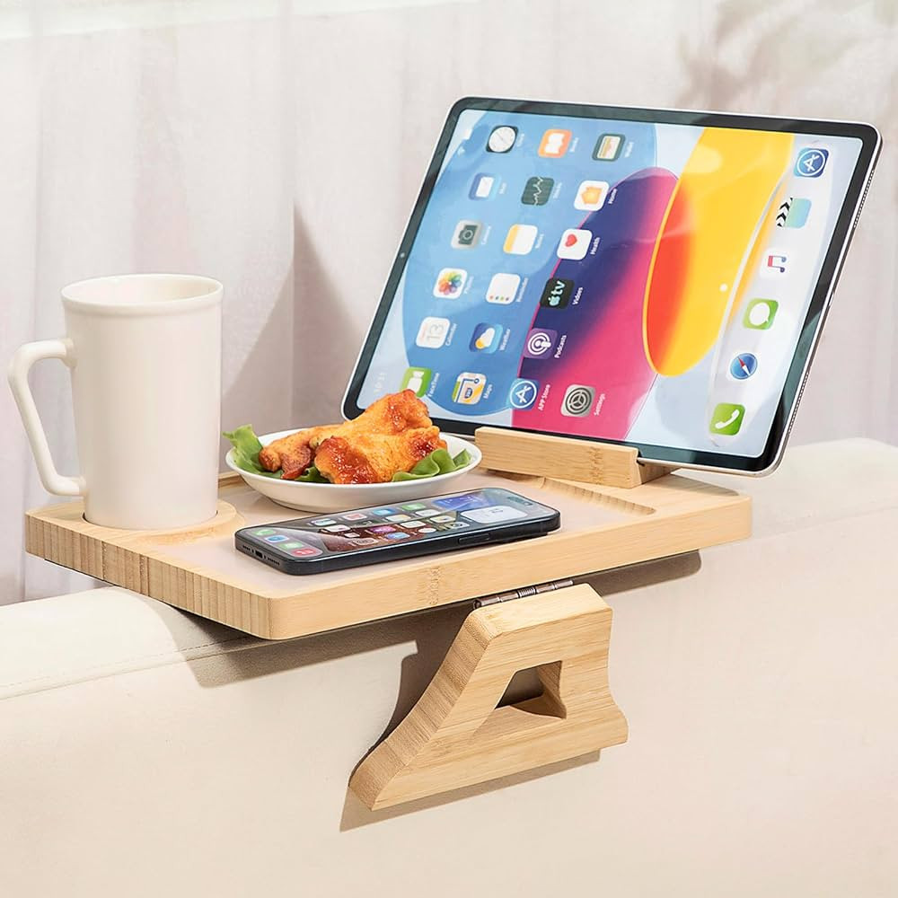 Bamboo Sofa Clip on Side Table for Wide Couches Arm, Foldable Couch Arm Table with 360°Rotating ... | Amazon (UK)