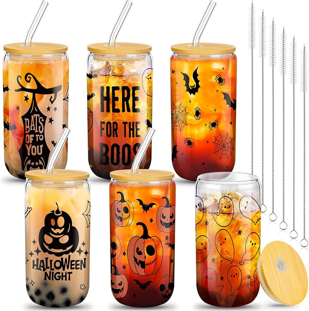 meekoo 6 Pcs Halloween Glass Cups 16 oz Halloween Iced Coffee Cups Pumpkins Bat Ghost Beer Tumble... | Amazon (US)
