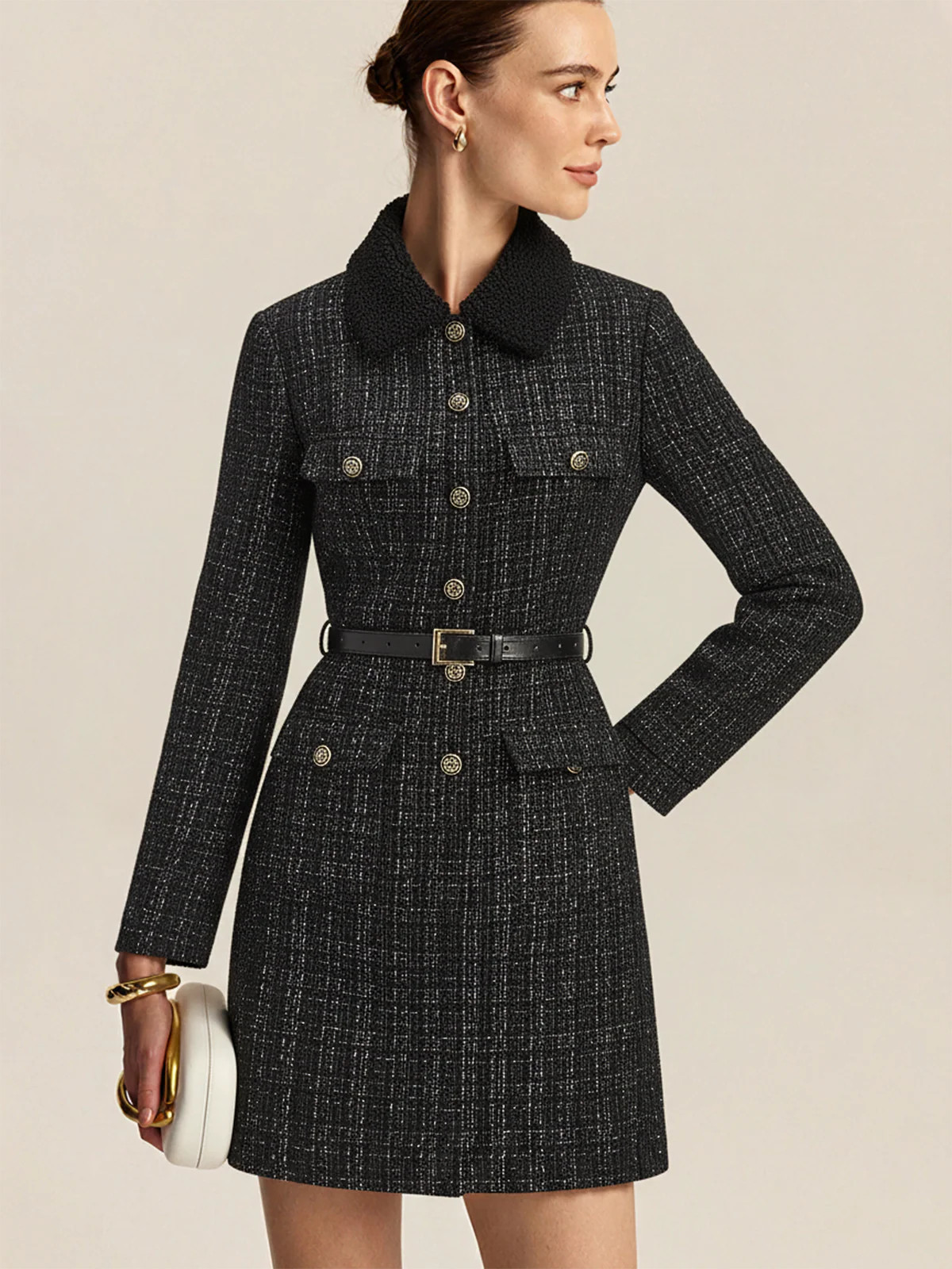 Faux Fur Collar Tweed Belted Mini Dress | Commense