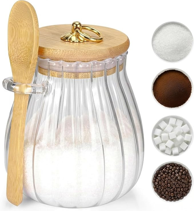 Sugar Container with Bamboo Lid and Spoon,15 oz Sugar Bowl Glass Jar for Coffee Bar Accessories C... | Amazon (US)