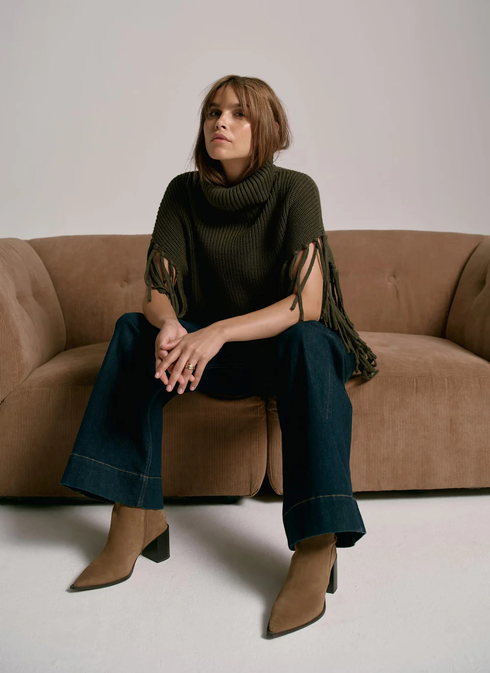 Green Fringed Knit Poncho | Mint Velvet - US