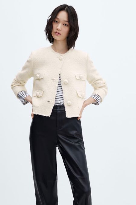 Mango tweed jacket in cream with leather look trousers and a striped tee