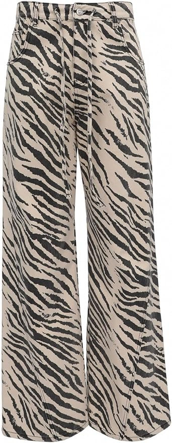Unisex Y2K Fashion Striped Zebra Print Jeans High Waist Loose Fit Baggy Pants with Drawstring Ret... | Amazon (US)