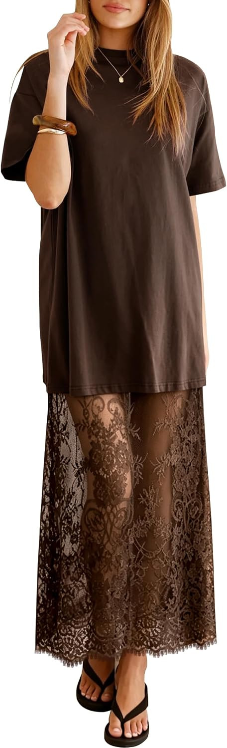 miduo Womens Summer Short Sleeve Crewneck Lace Patchwork Maxi Dresses | Amazon (US)