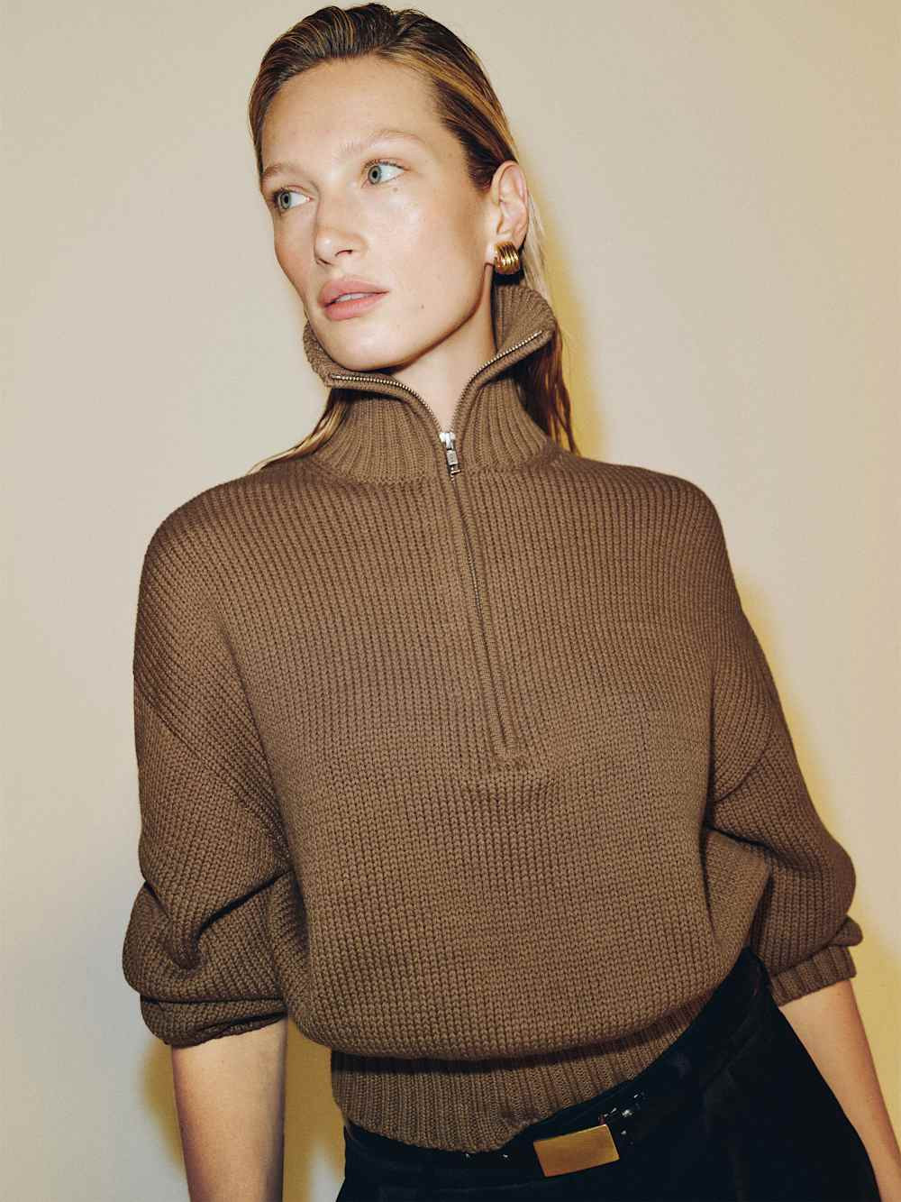 Reformation Barney Cotton Quarter-Zip Sweater Brown Small | Reformation (Global)