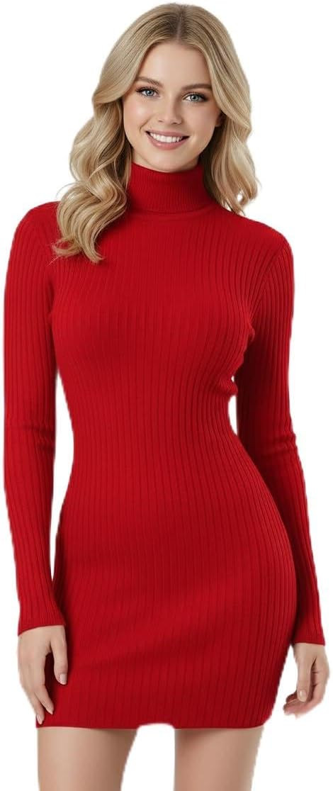 v28 Women Turtleneck Long Sleeve Bodycon Fall Winter Mini Slim Knit Sweater Dress | Amazon (US)