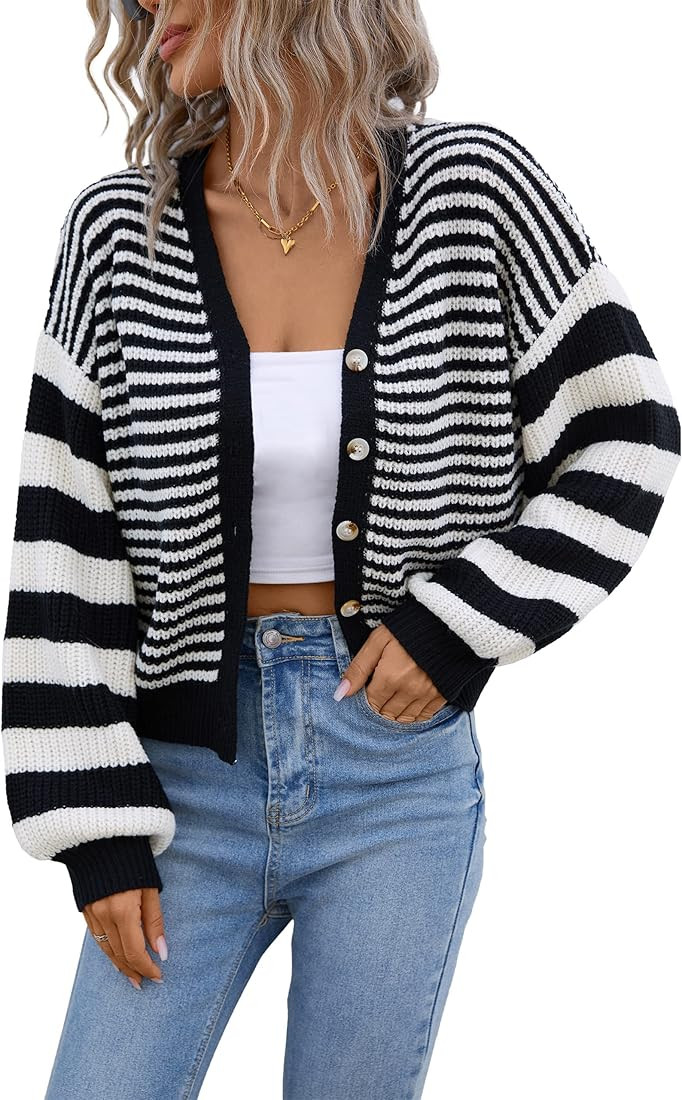 Blooming Jelly Women's Open Front Cardigan Sweaters Button Down Oversized Striped Chunky Waffle K... | Amazon (US)