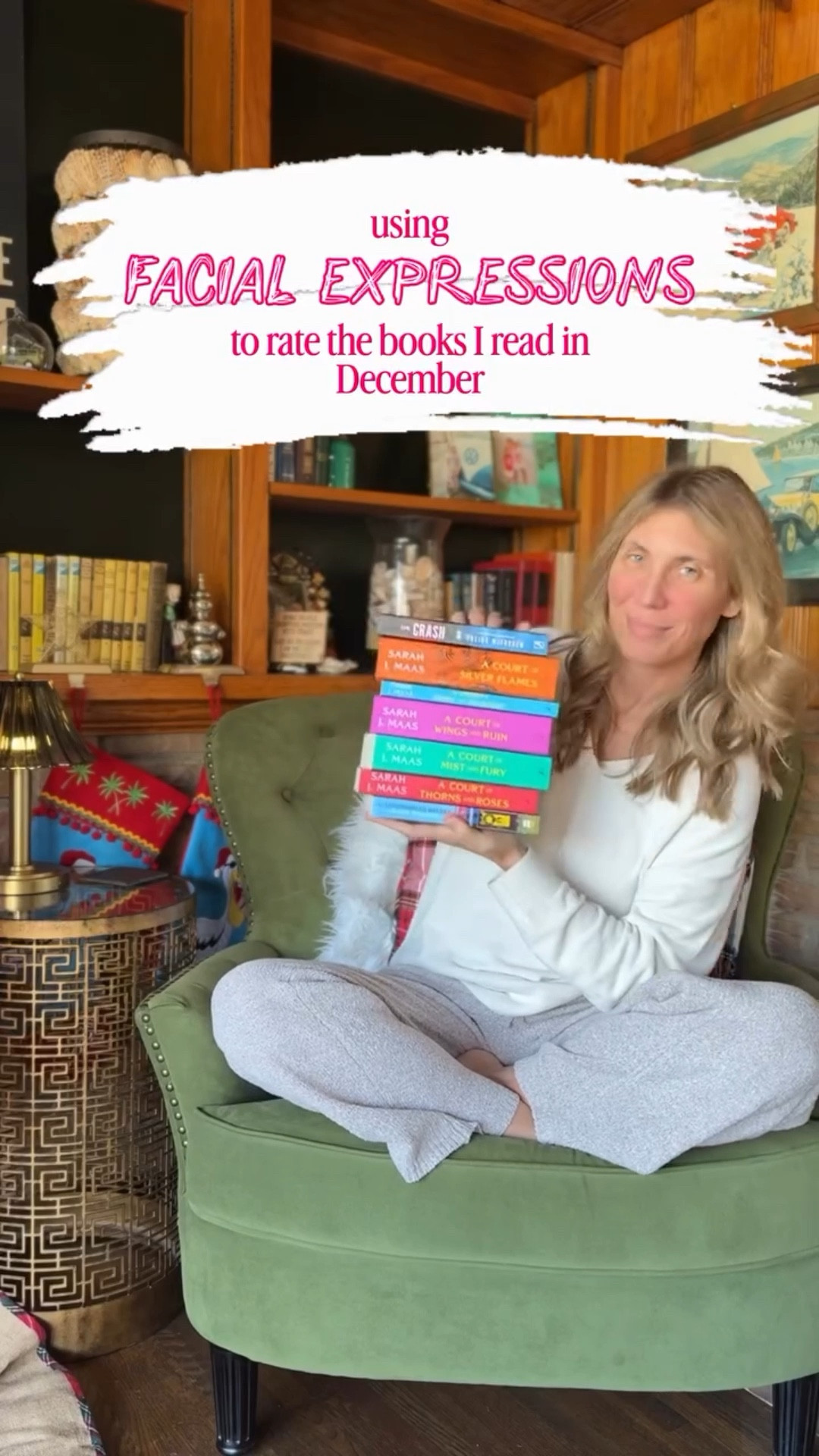 Time again for Rating Books Using Facial Expressions! You’re going to have to forgive the no makeup (hello, rosacea!) and ignore any sniffles I might make (though I think I held them in mostly)…I’m fighting a nasty cold this week. 

Here are the books I read in December:

The Gingerbread Bakery
The 5 books from the ACOTAR series (these were a re-read for me - I read them December of 2024 also)
The Crash

Have you read any of these?

Happy New Year!
xo, Amy

#booksiread #ratingbookswithfacialexpressions