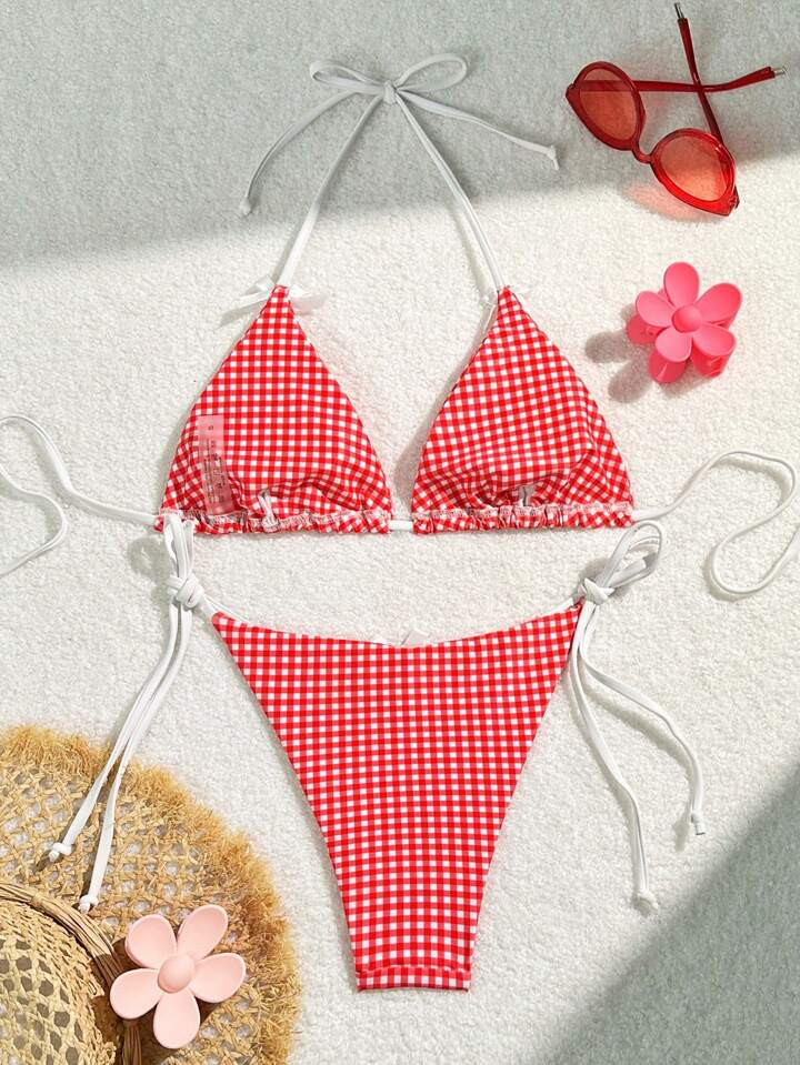 Swim Mod Summer Beach Checkered V-Neck Halter Bikini Set | SHEIN