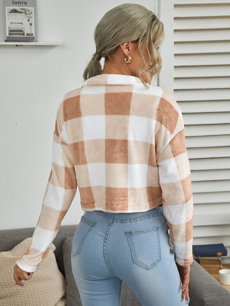 Button Front Drop Shoulder Buffalo Plaid Jacket | SHEIN