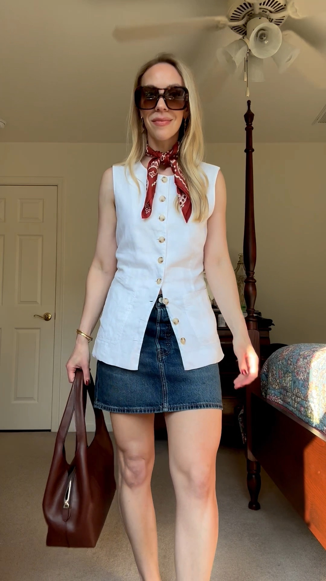 Transitional outfit, summer to fall outfit, linen vest, denim mini skirt, @Madewell silk bandana scarf

#LTKSeasonal #LTKOver40