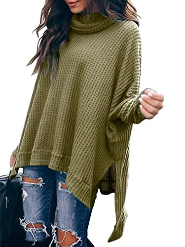 ANRABESS Women's Oversized Turtleneck Batwing Long Sleeve Waffle Knit Tunic Sweater Top 2024 Fall Trendy Pullover Shirts Army Green Medium | Amazon (US)