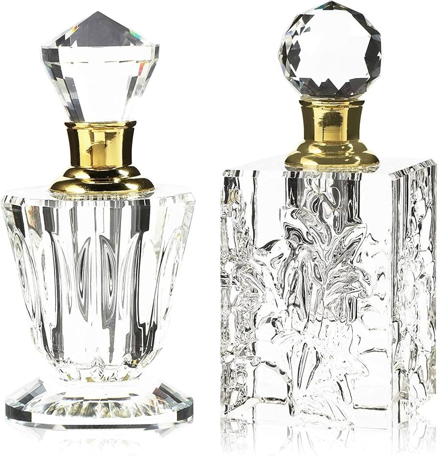 Okuna Outpost Crystal Glass Perfume Bottle Set - Refillable Perfume Bottles for Fragrance & Oils - Boudoir Props - Pack of 2, Transparent Glass, Round | Amazon (US)