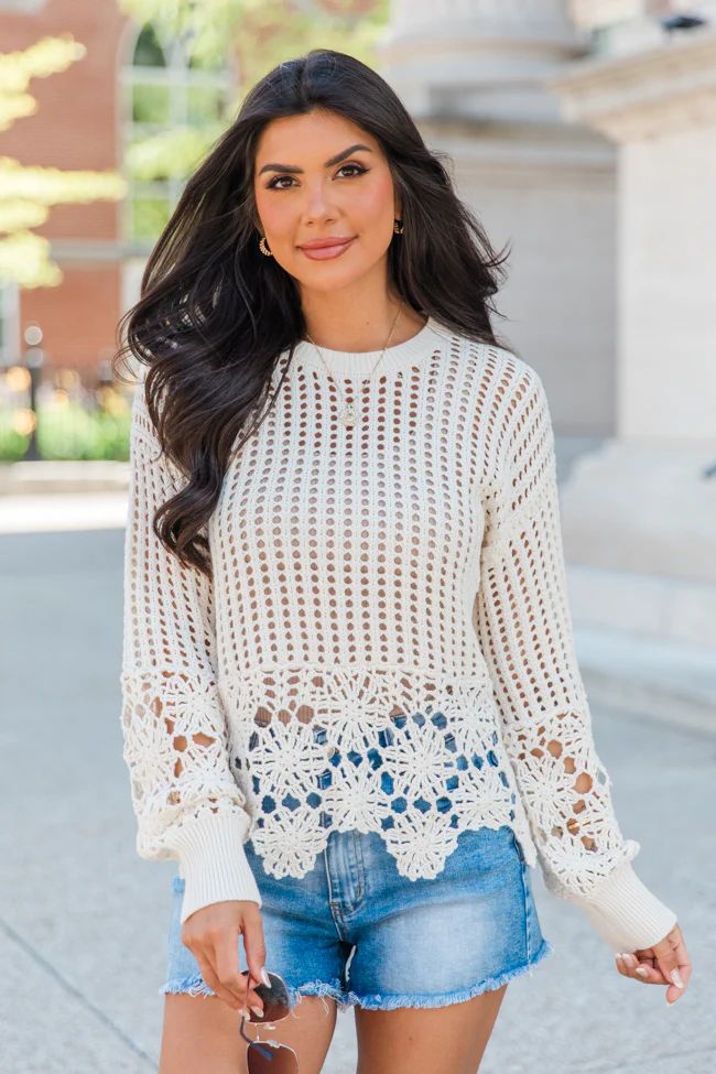 A Little Dramatic Crew Flower Trim Crochet Sweater | Pink Lily