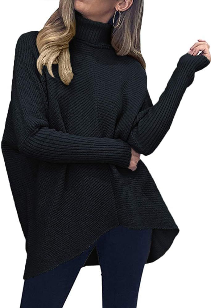 Women's Turtleneck Batwing Sleeve Knitted Asymmetric Hem Pullover Sweater Jumper Tops | Amazon (US)