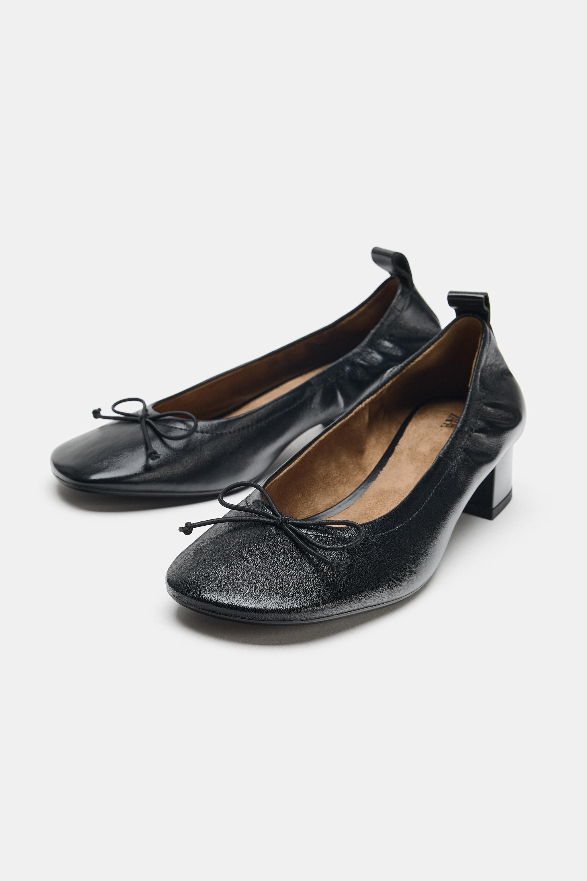LEATHER BOW HEELED BALLET FLATS | Zara US