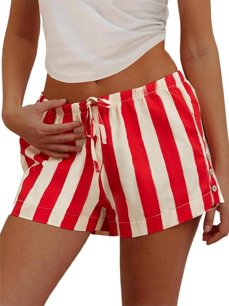 Womens Striped Boxer Shorts Casual Wide Leg Drawstring Low Rise Elastic Waist Pajama Lounge Pj Sl... | Amazon (US)