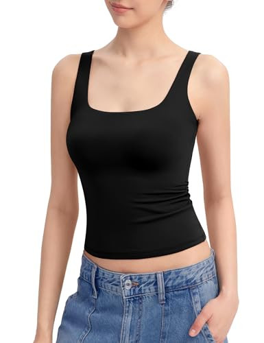 PUMIEY Tank Top for Women Sleeveless Double Lined Basic Summer Tops, Jet Black XXX-Large | Amazon (US)