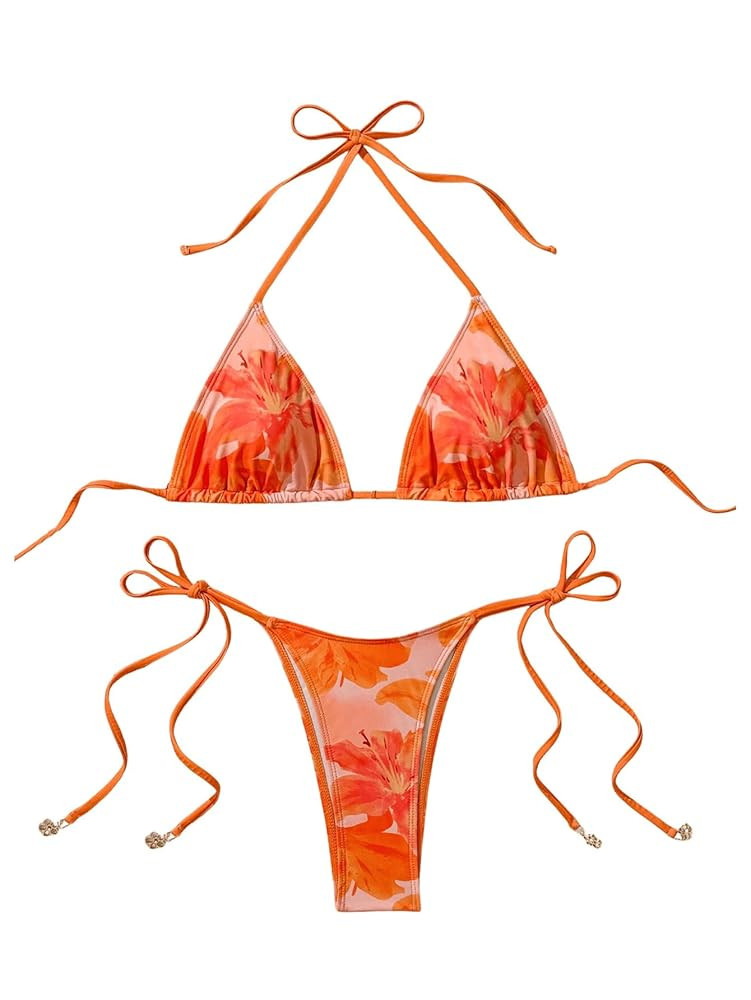 Verdusa 2 Piece Bathing Suits Thong Triangle Bikini Sets Halter Neck Cheeky Bathing Suit | Amazon (US)
