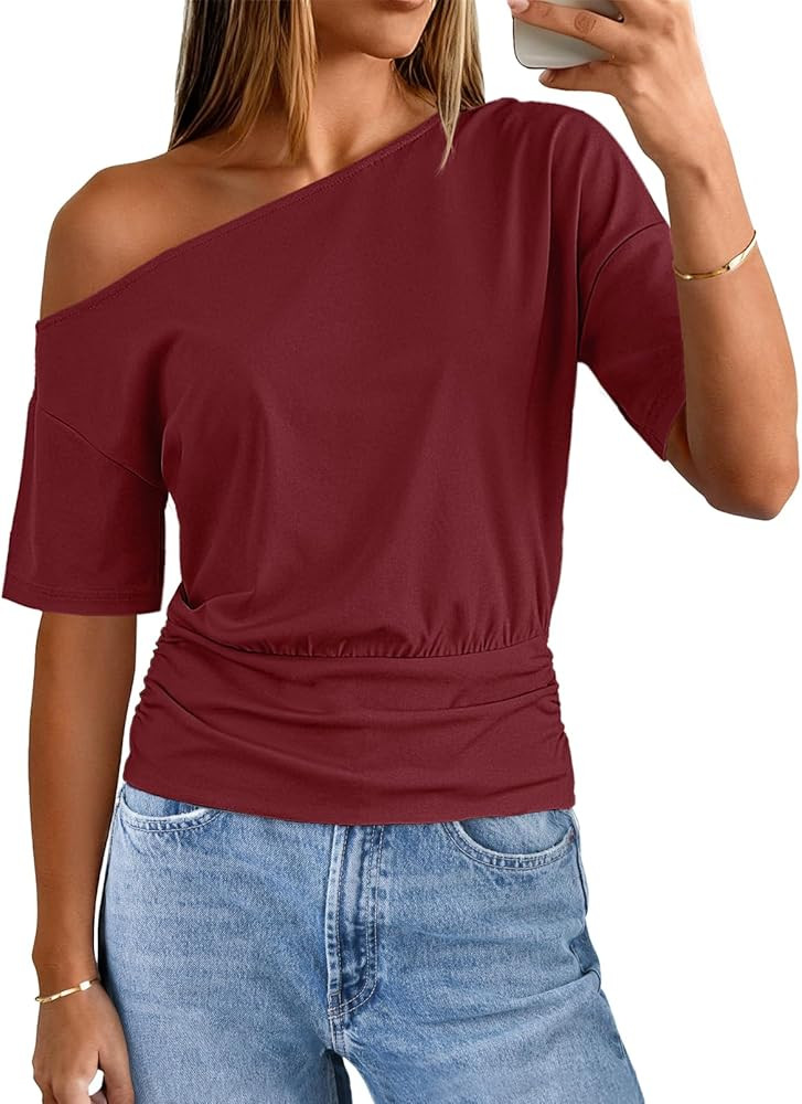 MEROKEETY Women's Off The Shoulder Short Sleeve Tops 2026 Summer Casual Going Out Trendy Y2k T Sh... | Amazon (US)